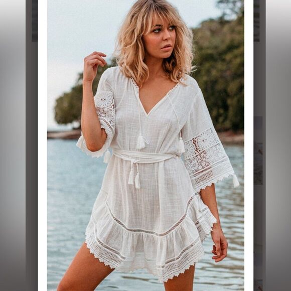 Spell and the Gypsy Abigail Mini Dress Womens SMALL Ivory White Lace Cotton Belt - Picture 1 of 14